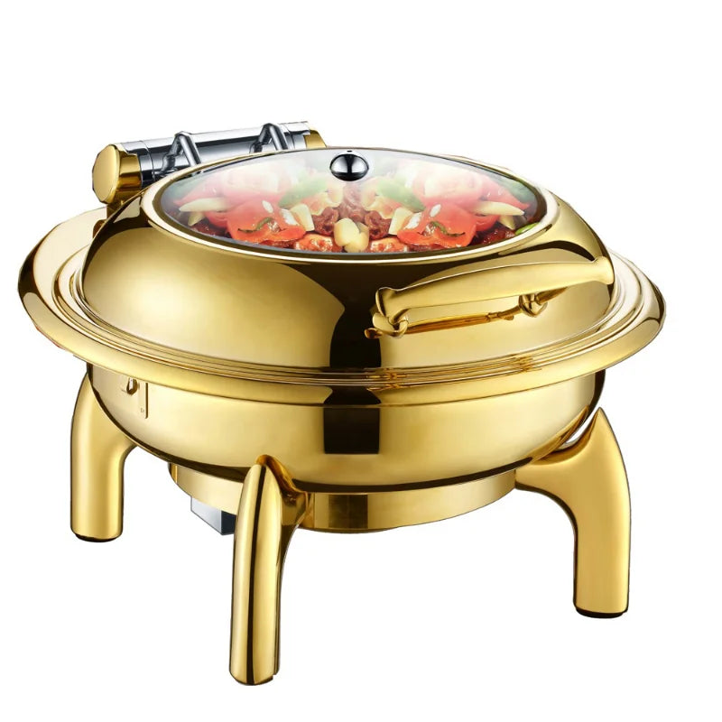 Luxury Food Warmer Stainless Steel Catering Roll Top chafing Dish Buffet Set Golden Glass Chaffing Dishes For Restaurant