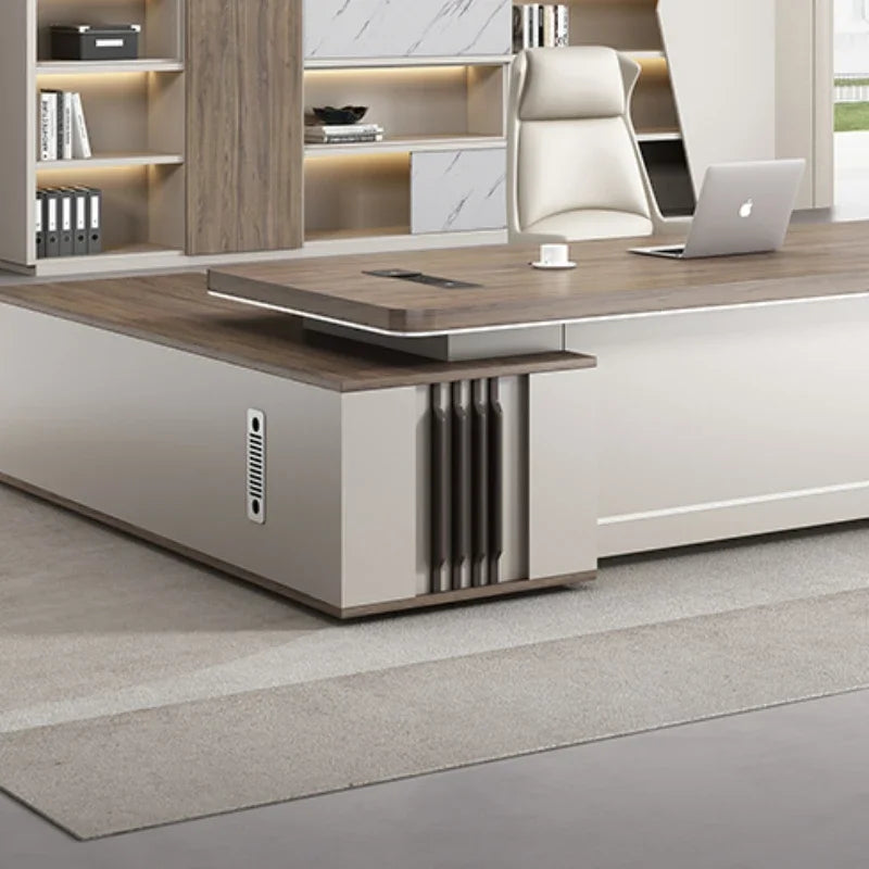 European L-Shaped Office Desk with Drawers and Shelf