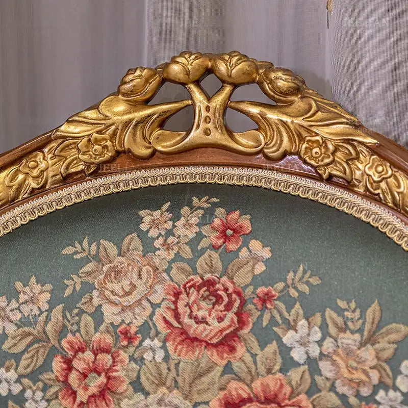 European Style Retro Classical Solid Wood Beech Sofa Chair: Dark Green Floral Design with Elegant Brown and Gold Foil Accents for Villa Decor.