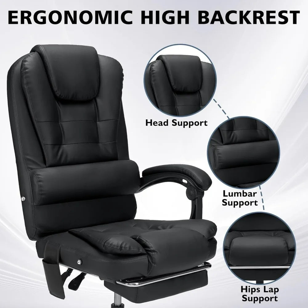 Office Chair, Recliner with Footrest, Ergonomic Computer Chair, Leather, Black, Office Chair.