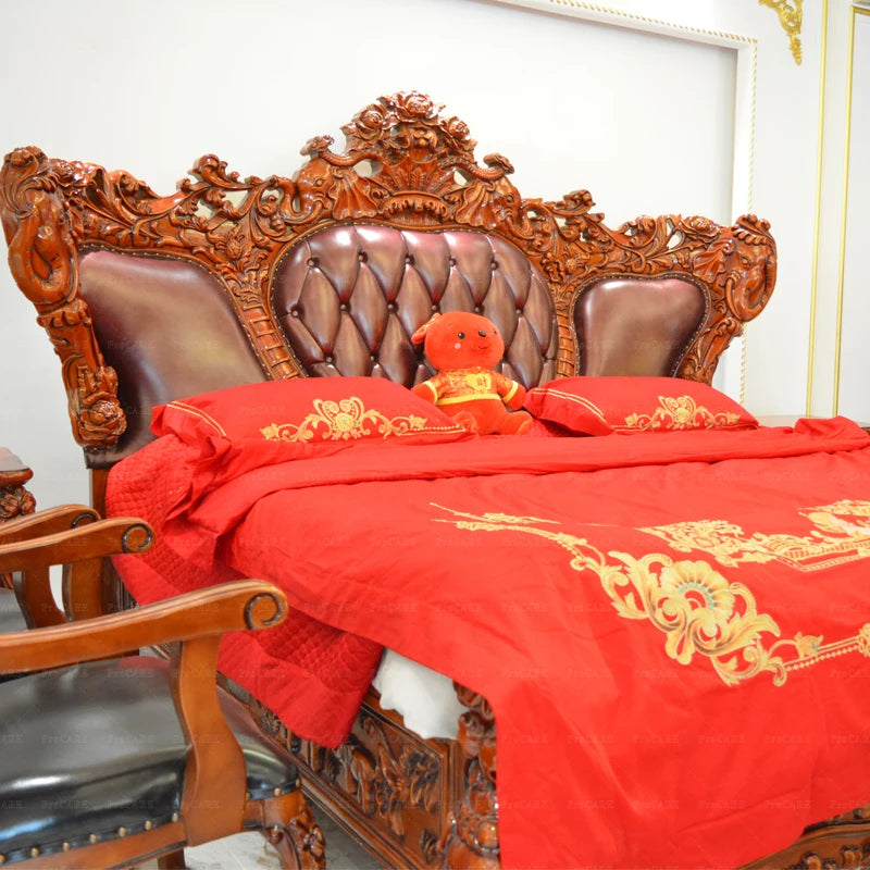 European-style bedroom furniture set for villas, featuring solid wood and genuine leather with an elegant elephant design