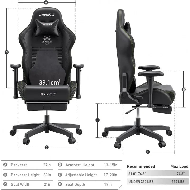 Gaming chair pc chair with ergonomics lumbar support, racing style PU leather high back adjustable swivel task chair with footre