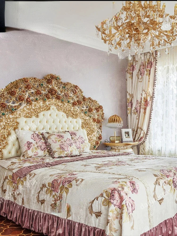 Custom rose-carved double bed in genuine leather, inspired by French court design