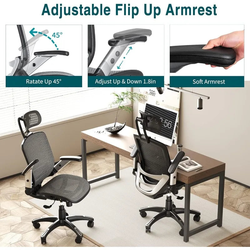 GABRYLLY Ergonomic Mesh Office Chair, High Back Desk Chair - Adjustable Headrest with Flip-Up Arms, Tilt Function