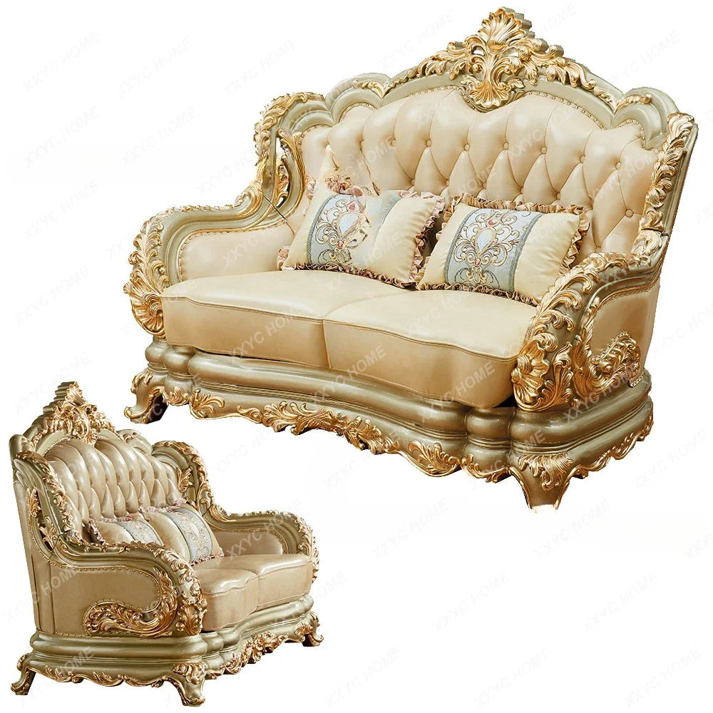 Furniture Leather Sofa Combination Living Room Double-Sided Solid Wood Carved Villa High-End Sofa home furniture