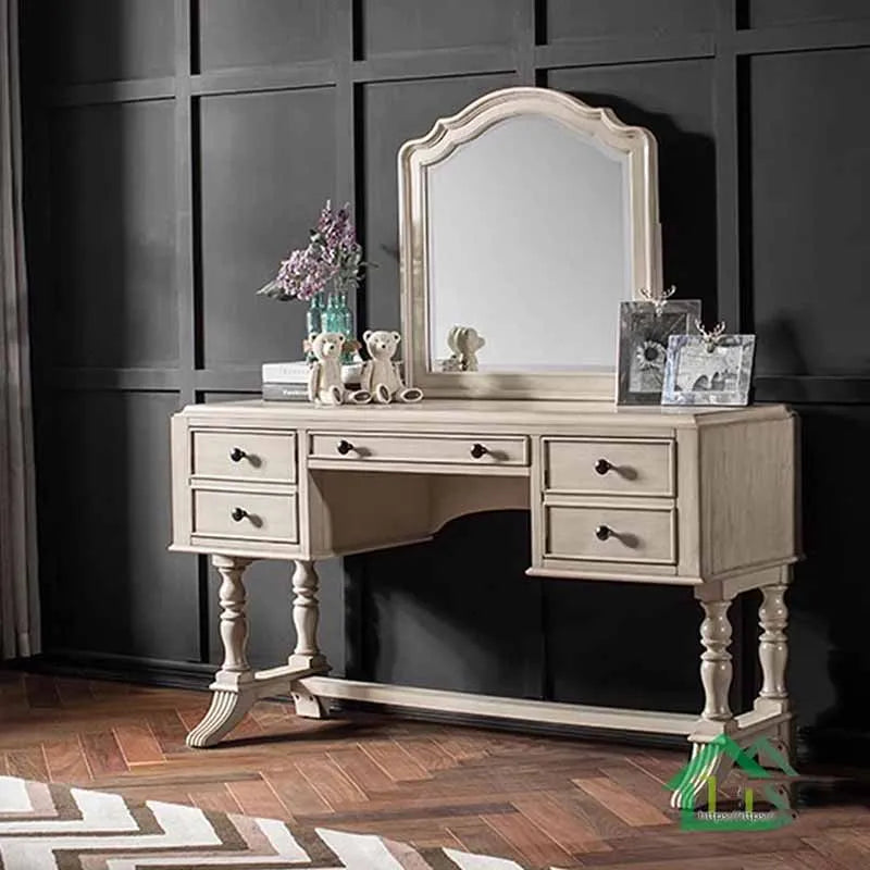 Luxury Wooden Dressing Table with Stool, Large Storage for Girls