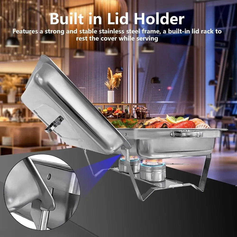 8QT Chafing Dish Buffet Set – 4-Pack Stainless Steel Servers with Covers, Warmers, and Folding Stands.