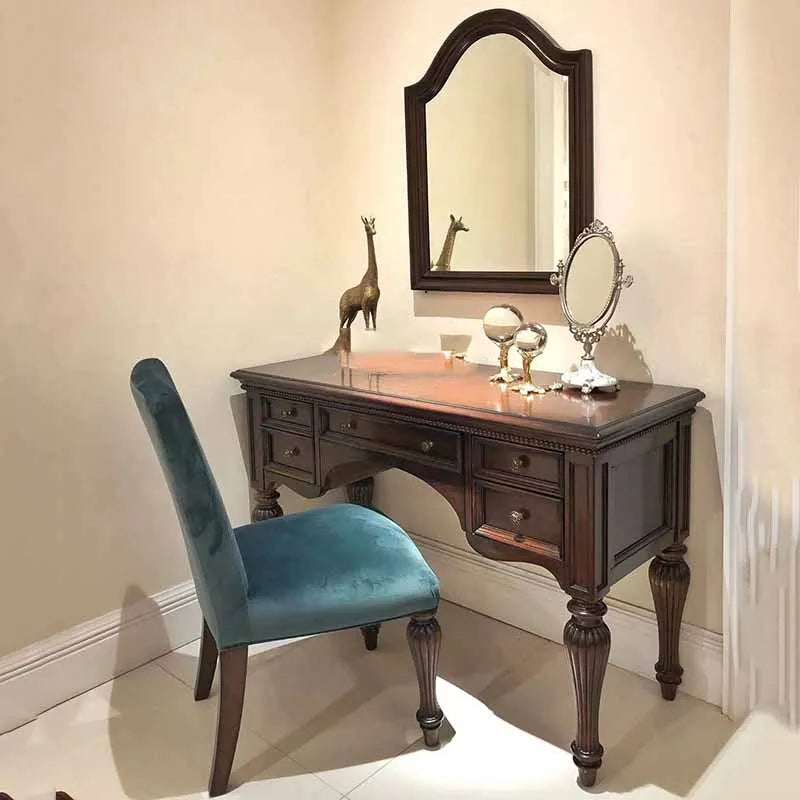 Brown Stool Dresser: Wooden Luxury Dressing Table with Drawers and Mirror