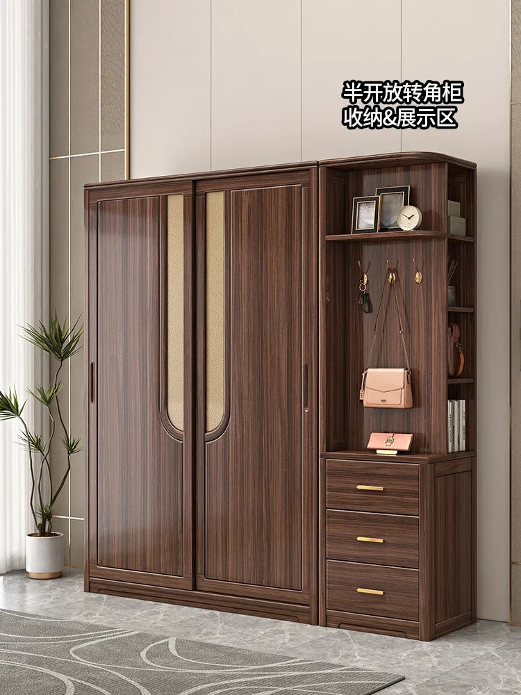 Solid wood wardrobe walnut sliding door combination home bedroom wardrobe light luxury modern storage wardrobe