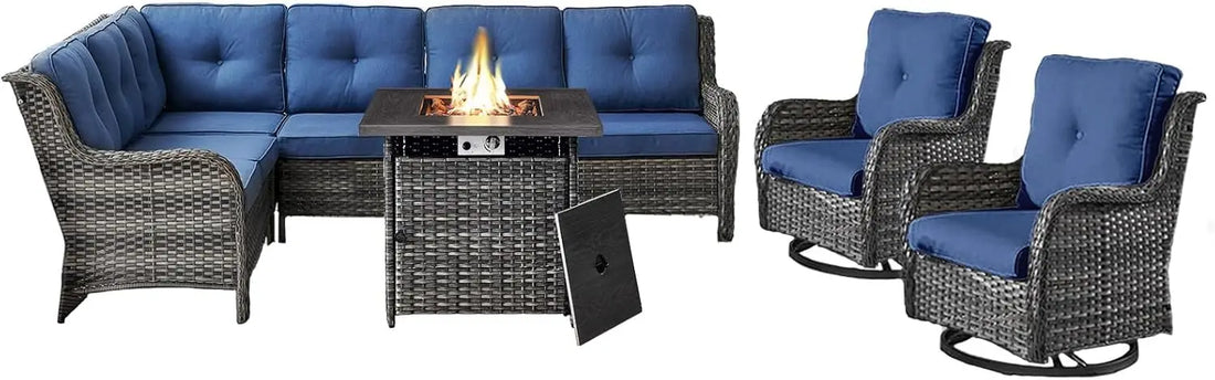 Swivel Glider Rocker Chairs with Blue Cushions, ideal for casual backyard gatherings.