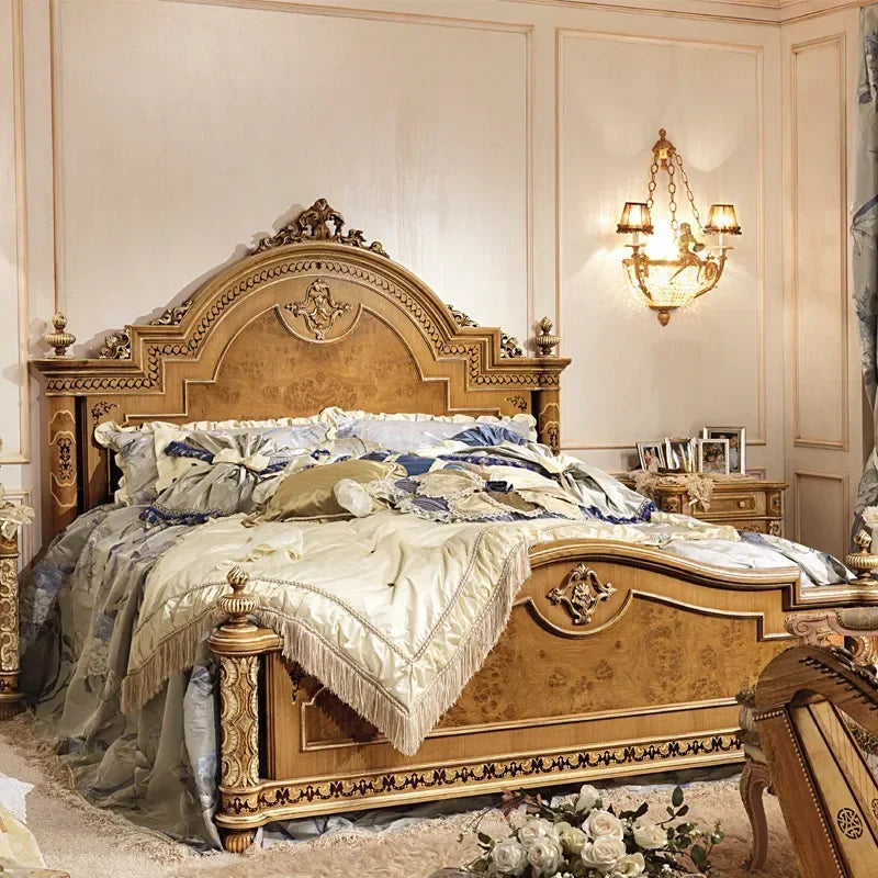 Custom-made American country solid wood double bed, featuring European luxury palace-style carvings.