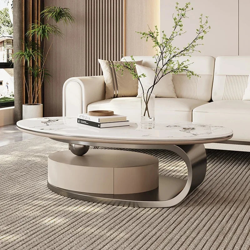 Metal Coffee Table – Ellipse Design with Italian White Marble Top