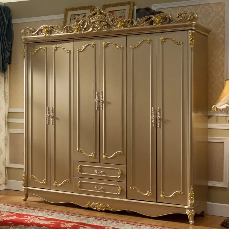 European-Style Solid Wood Wardrobe – Six Doors, Champagne Gold, Carved Luxury, Assembly Required