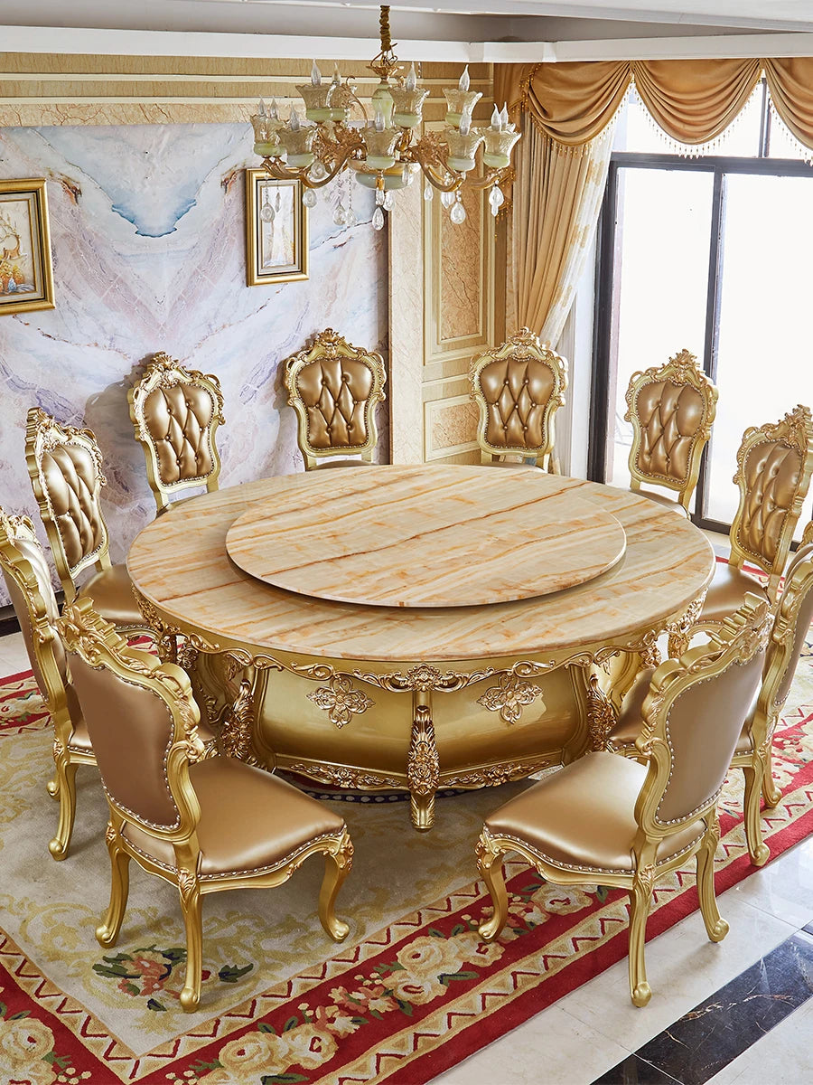 European round table, full solid wood dining table, luxury champagne golden dining table, round dining table and chairs
