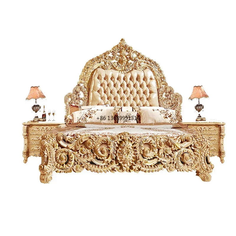 Custom European luxury leather bed, hand-carved from French solid wood