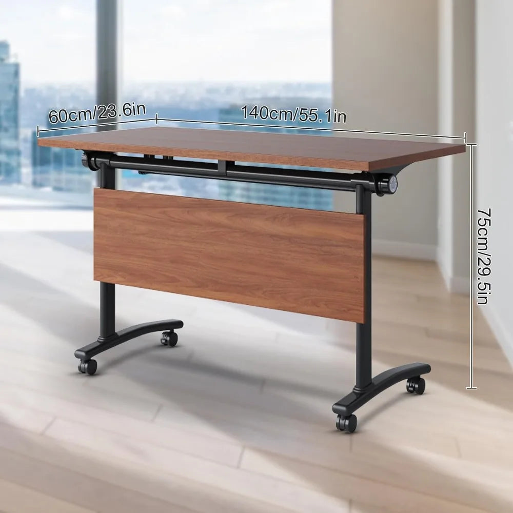 Foldable Conference Room Table, Flip-Top Mobile Training Table with Wheels, Metal Legs