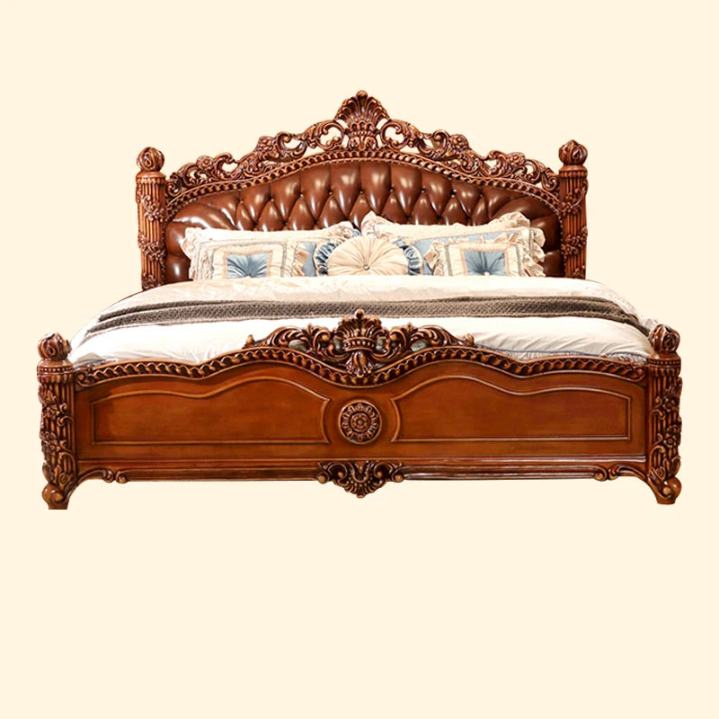 American Princess Oak Double Bed – European Style with Leather and Modern Storage.