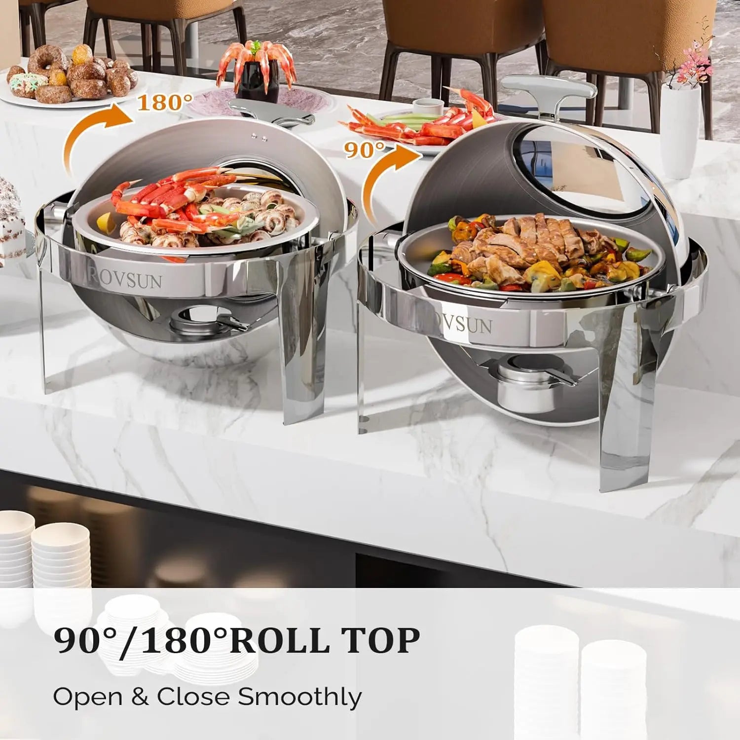 ROVSUN 3 Packs Roll Top Chafing Dish Buffet Set,6 Quart Round Stainless Steel Chafer for Catering,Buffet Servers