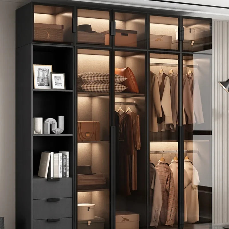 Black Luxury Glass Wardrobe – Hanger Organizer for Bedroom Storage