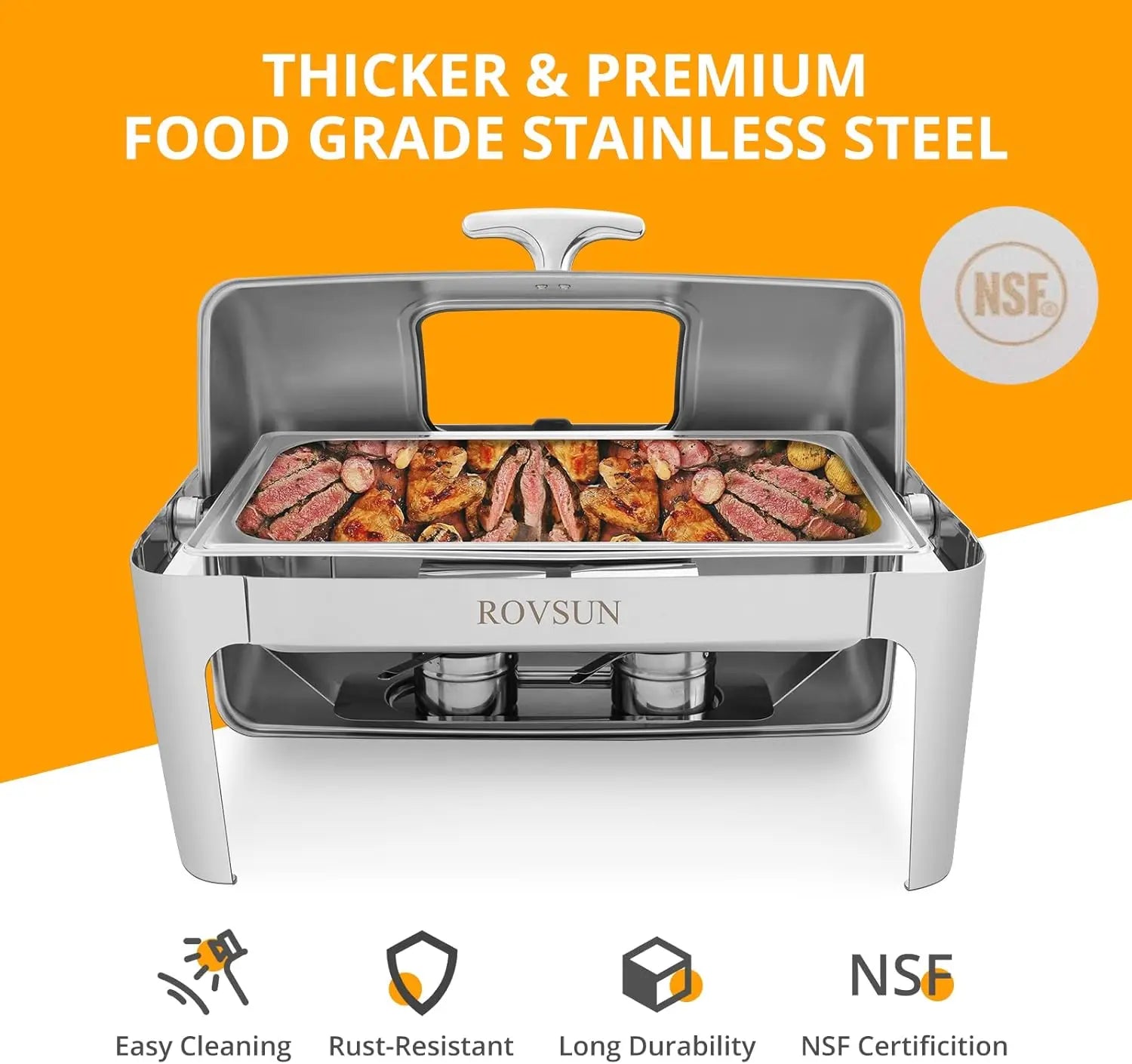 ROVSUN 2 Pack Roll Top Chafing Dish Buffet Set, 9 Quart NSF Rectangular Stainless Steel Chafer for Catering,Buffet Servers