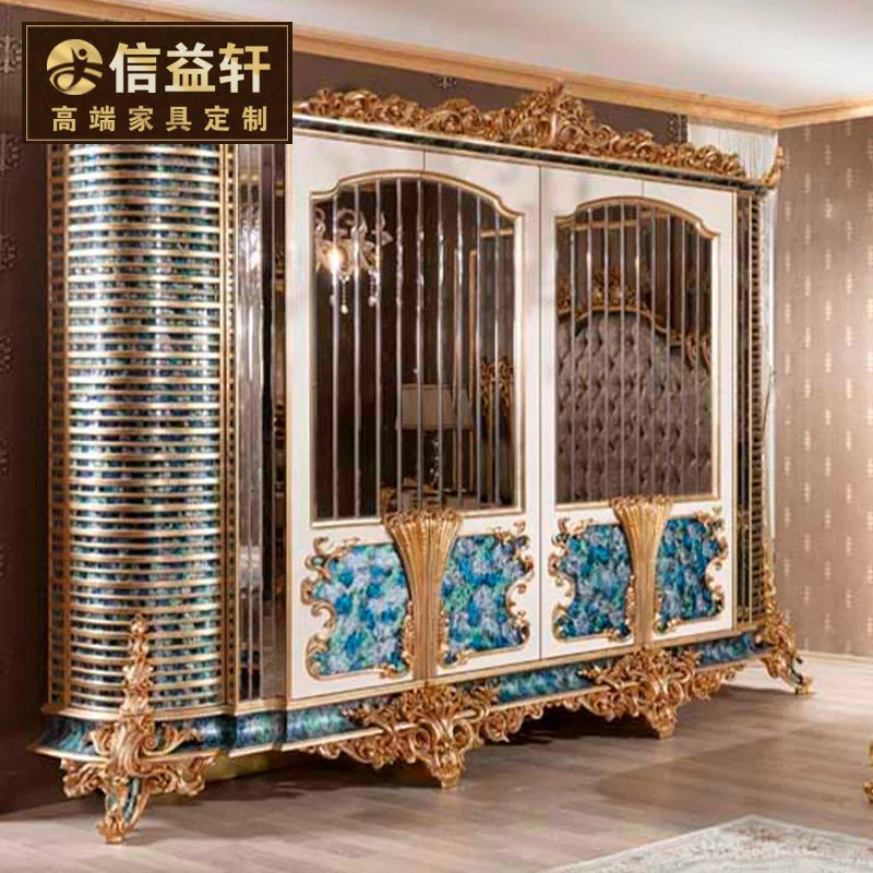 European Italian Villa Wardrobe – Luxury Solid Wood Carved, Six Doors, Custom Bedroom Furniture