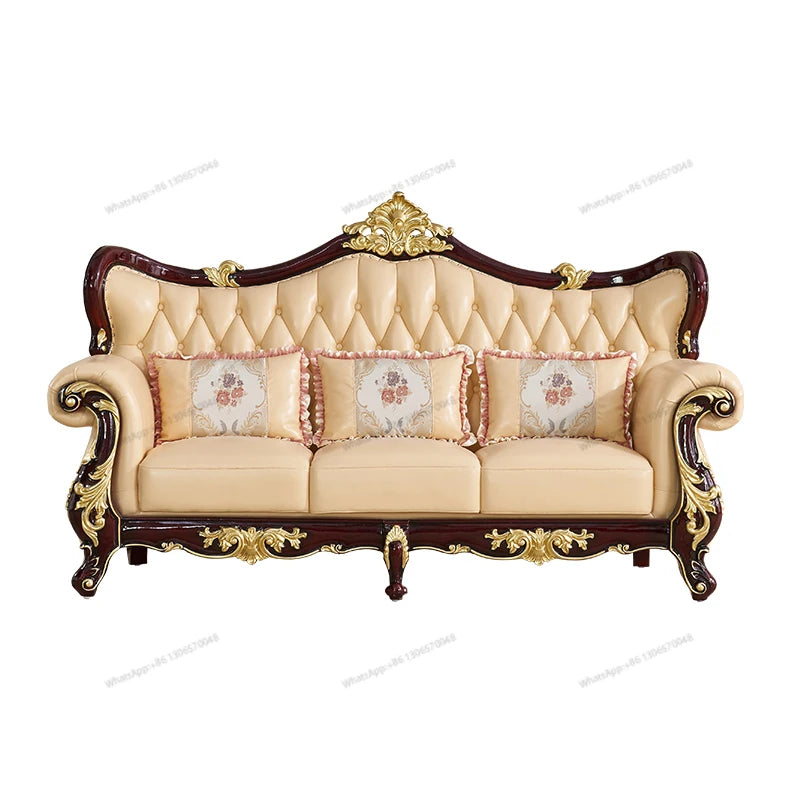 European Genuine Leather Sofa 123 Combo – Solid Wood Carved Living Room Set for Villa Suite