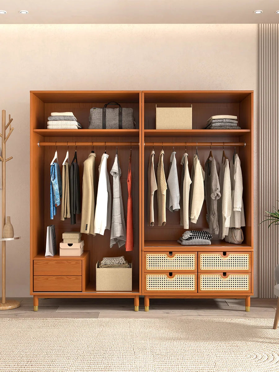 Solid wood double-door wardrobe bedroom storage lockers household sliding door rattan wardrobe simple