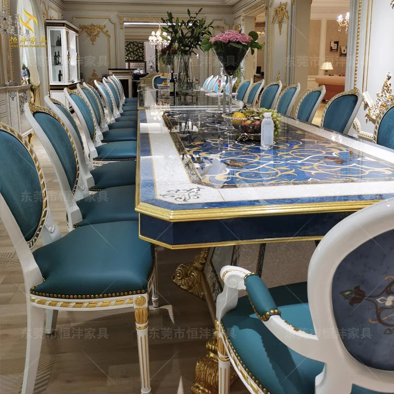 Italian shell-encrusted dining table and chair set French luxury solid wood gold and silver foil carved rectangular table