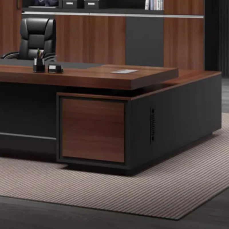 Executive office desk with work drawers, computer and monitor space, corner design, and storage