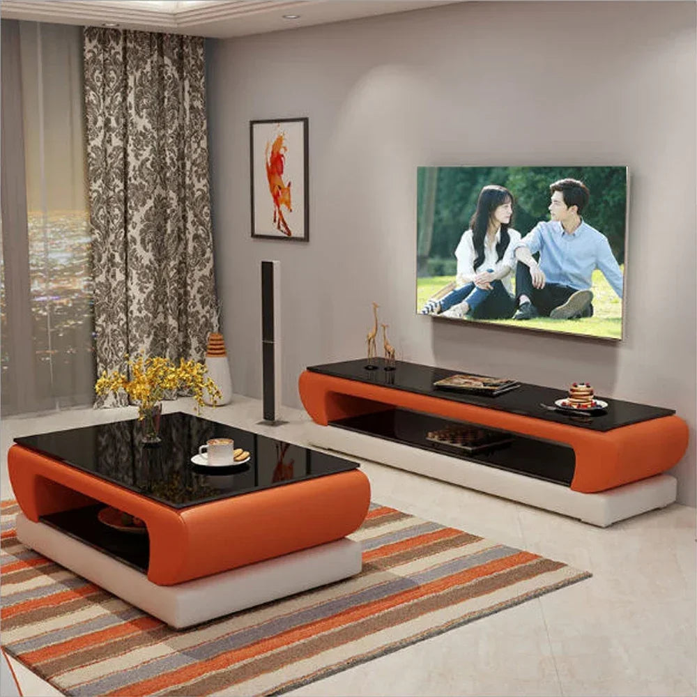 Tv Stand Floor Natural Glass Top Leather TV Stand Modern Living Room Led Monitor Stand Mueble Cabinet Mesa Home Furniture