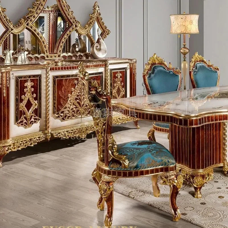 Custom European solid wood long dining tables and chairs luxury gold foil carved French court Baroque Restaurant