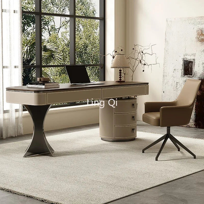 Study Designer Desk Minimalist Upscale Computer Walnut Veneer Saddle Skin Retro Home Corner Modern Writing Solid Wood Luxury Low