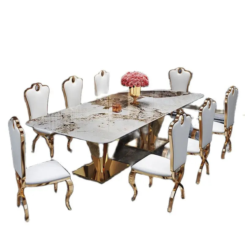 Stainless steel rock plate dining table chair combination rectangular large family marble dining table 10 people