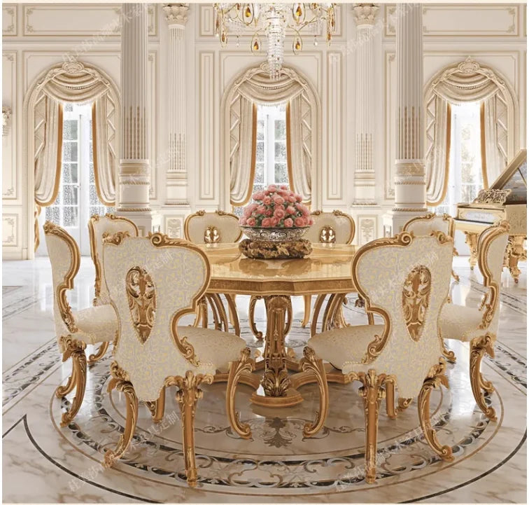 European Solid Wood Round Dining Set – Hand-Carved Retro Design