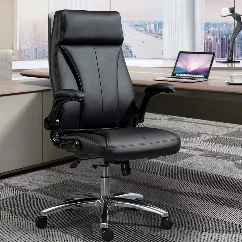 Luxury swivel office chair with extension cushion, ergonomic design, and wheels