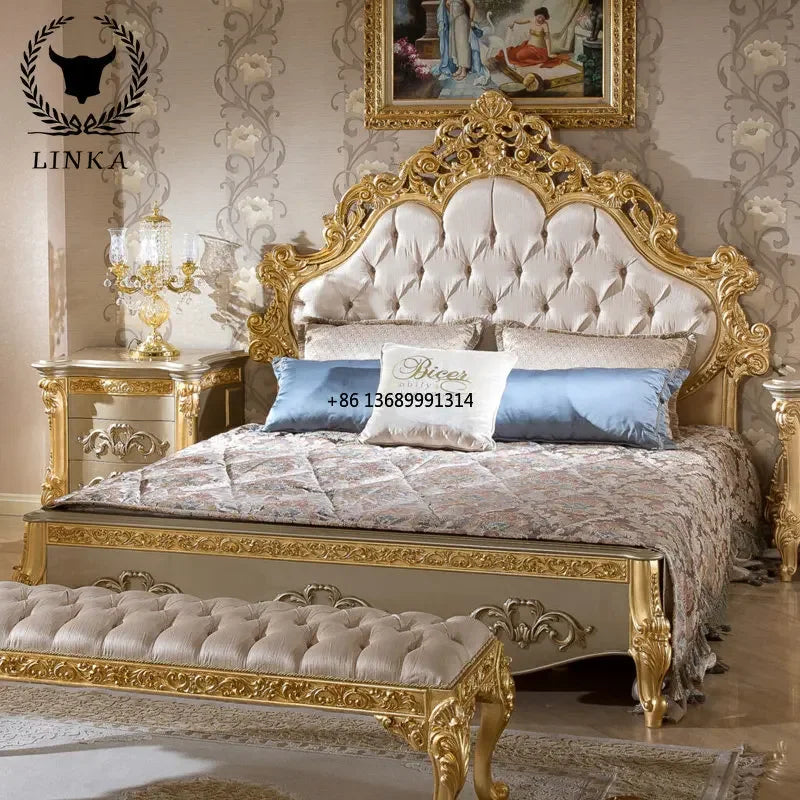 European Luxury Gold Foil Fabric Double Bed