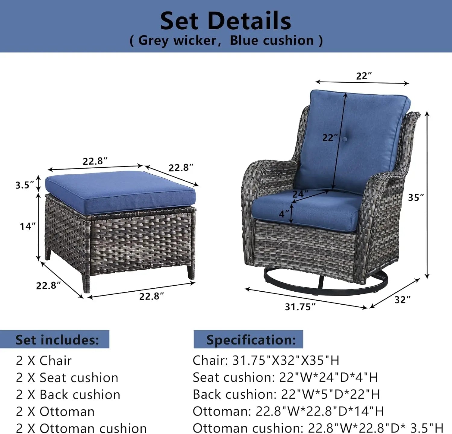 Wicker Swivel Glider Chairs with Ottomans