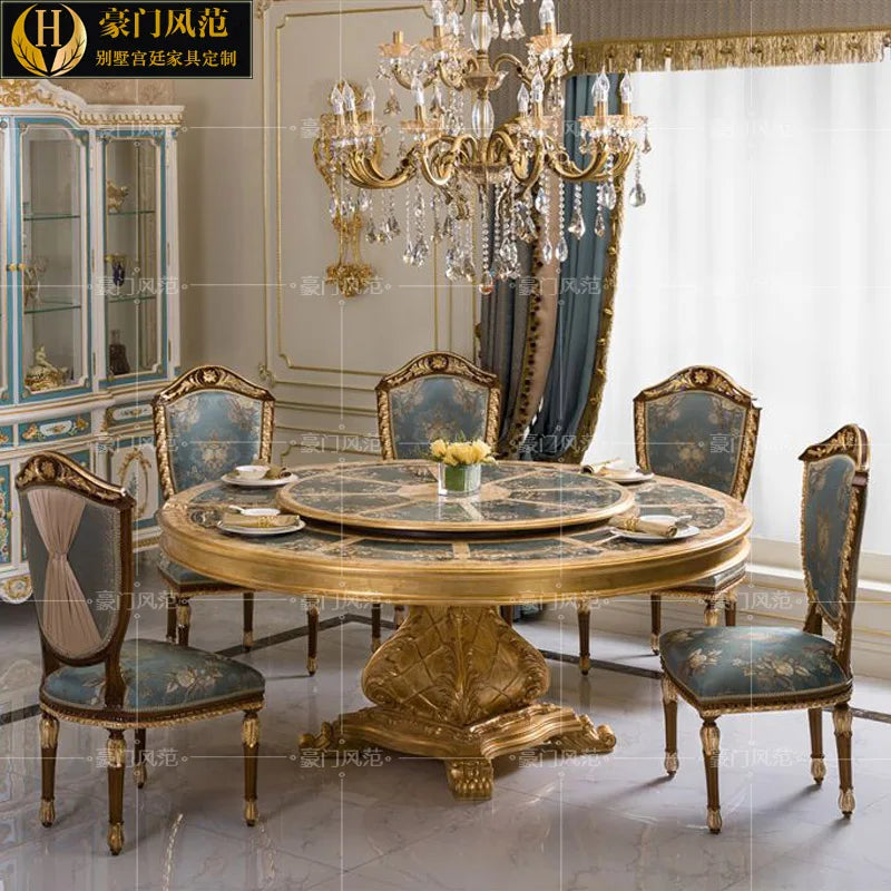 French Court Luxurious Painted Dining Set—European Solid Wood Round Table for six