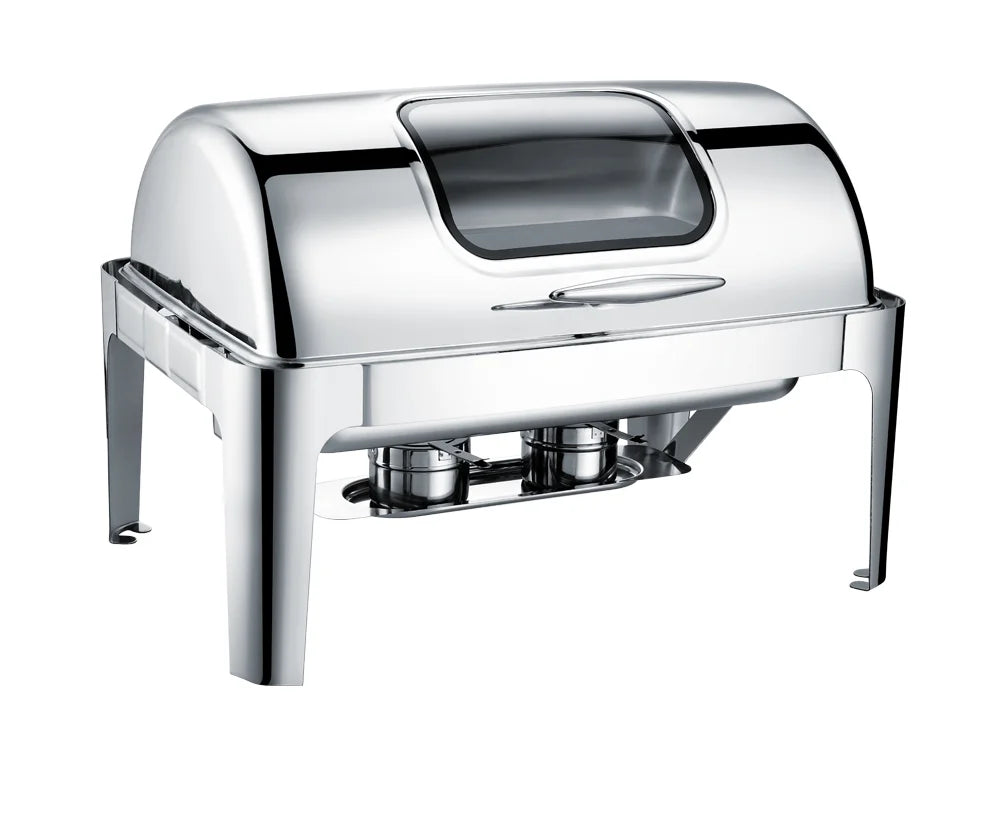 Electric Luxury Roll Top Round Food warmers Buffet Set Gold Chafing Dish with Glass Lid