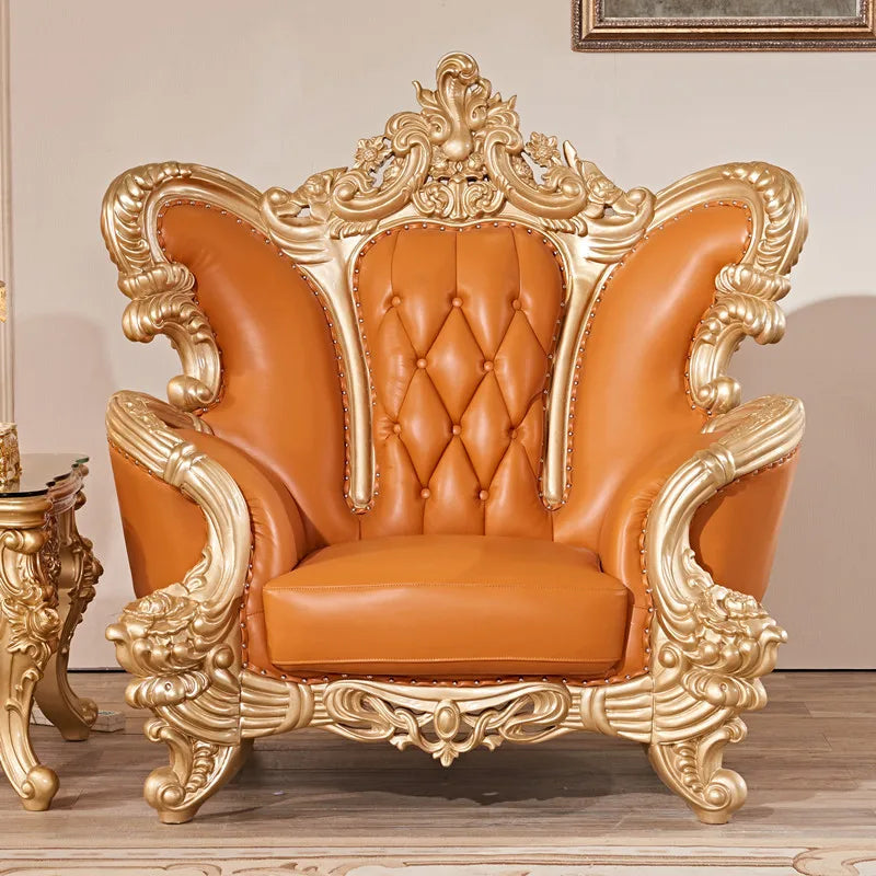 uropean-Style Leather Sofa: Full Solid Wood Carved, High-End Chaise for Small to Medium Living Rooms, 124 Seats Combination