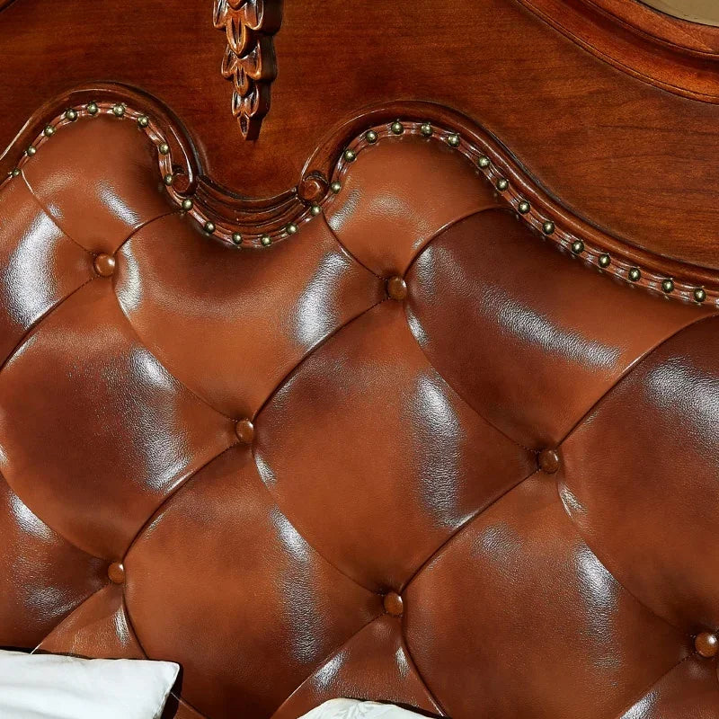 American Style Carved Leather Bed – Classic Wooden Bedroom Set for Villa Furnishings