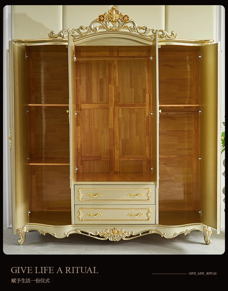 European Style Wardrobe – Solid Wood Carved, Gold Finish, Four Doors, American Villa Design