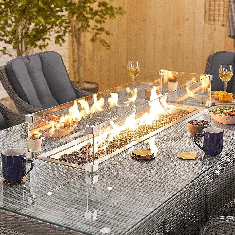 Custom 8-Seat Outdoor Rattan Dining Set with Rectangular Fire Pit Table.