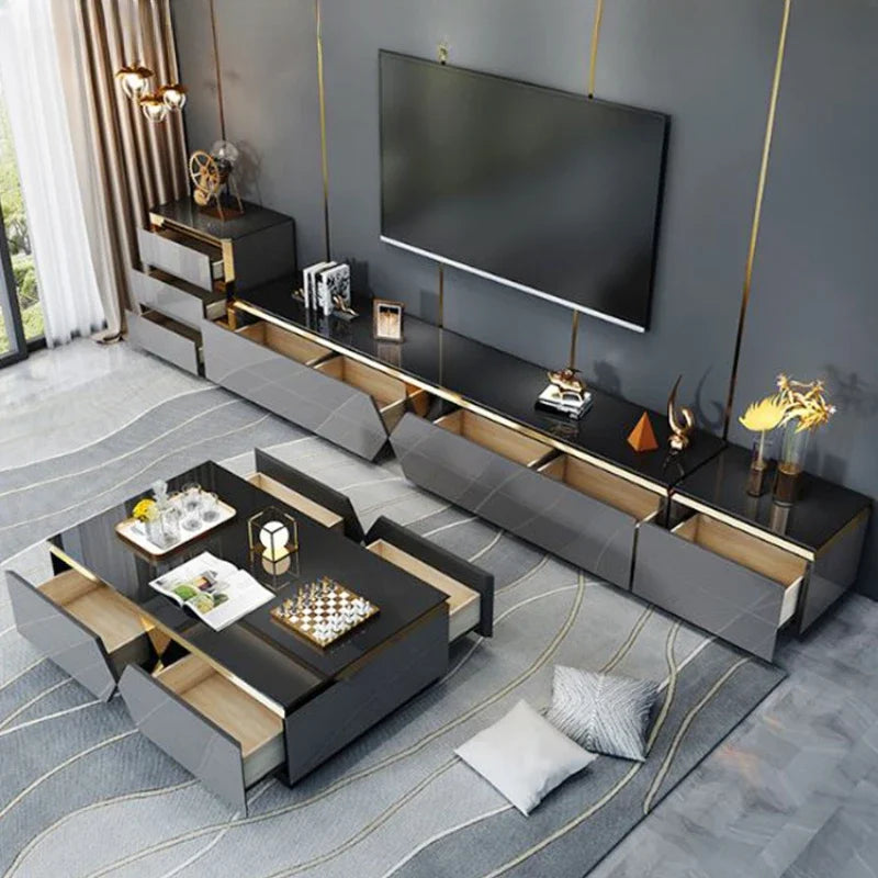 Luxury Modern Wooden TV Cabinet – Black and Gold Floor Unit with Drawers for Living Room.