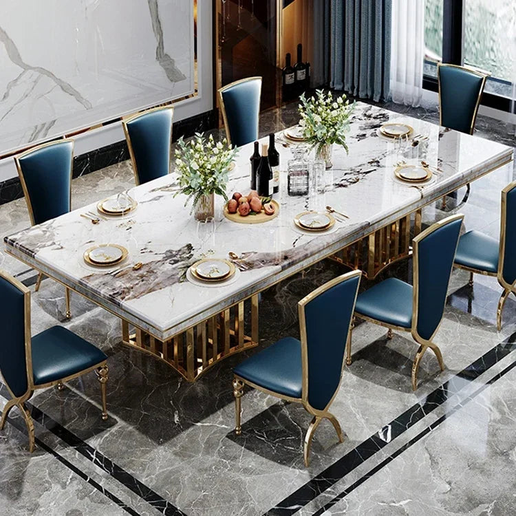Light luxury villa marble dining table and chair set Italian modern dining room stainless steel base rectangle dining table