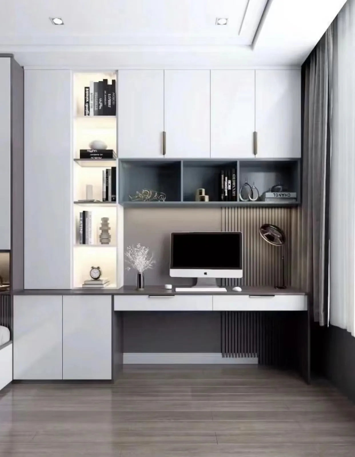 New customizable bookcase made from fireproof boards, luxury library furniture, featuring a wooden, wall-mounted design