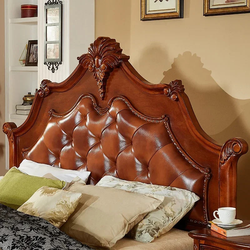 American Style Carved Leather Bed – Classic Wooden Bedroom Set for Villa Furnishings