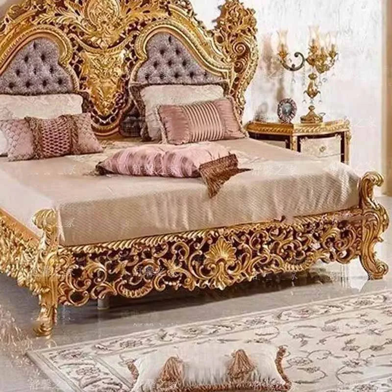 French solid wood carved double bed, European leather art princess bed, high-end customized 1.8-meter wedding bed