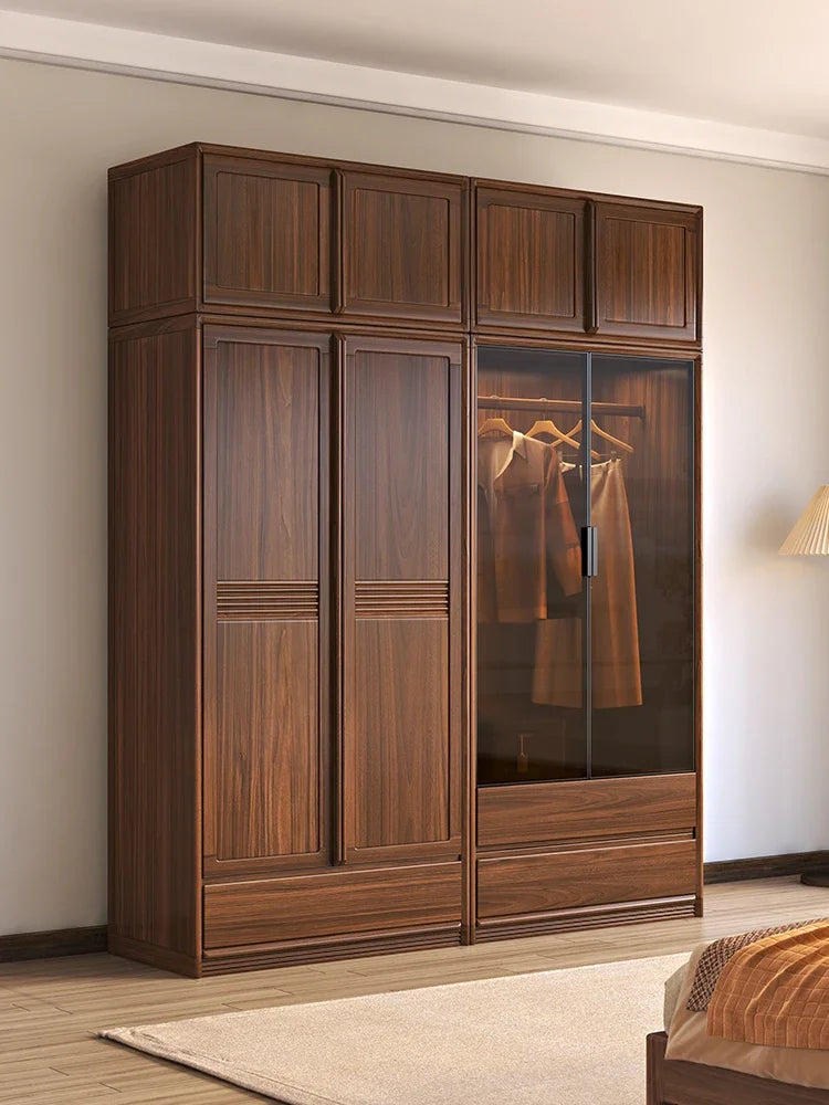 Solid Wood Black Walnut Wardrobe – Modern, Simple Design with Top Cabinet for Bedroom Storage.