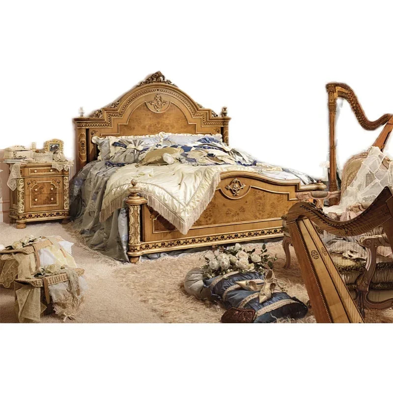 Custom-made American country solid wood double bed, featuring European luxury palace-style carvings.